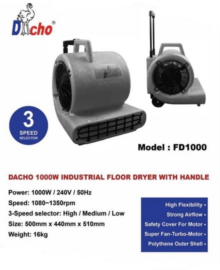 Dacho FD1000 1000W Industrial Floor Dryer Fan Blower with Handle - Click Image to Close